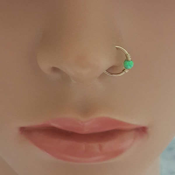 Fire Green  Opal Nose Hoop, Opal Nose Ring,Nose Piercing,16 - 22 Gauge,7-11mm Inner Diameter, Nostril Hoop,Nose Jewelry,October's Birthstone