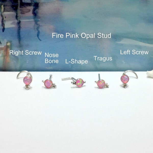 Pink Opal Nose Stud, 22g 20g 18g 16g,Tragus,Helix Stud,Nose Screw,Nose Bone,L-Shaped,Silver Stud,Right & Left Nostril,June's Birthstone,Gift