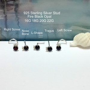 ブラックオパール 2-3 mm ノーズスタッド、16G 18G 20G 22G 24G、ノーズスクリュー、鼻骨、耳珠、L字型、シルバー ヘリックススタッド、右、左の鼻孔、10月の誕生石