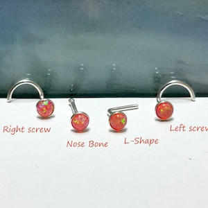 May include: Four different styles of nose rings with red opal stones. The styles are: right screw, left screw, nose bone, and L-shape.