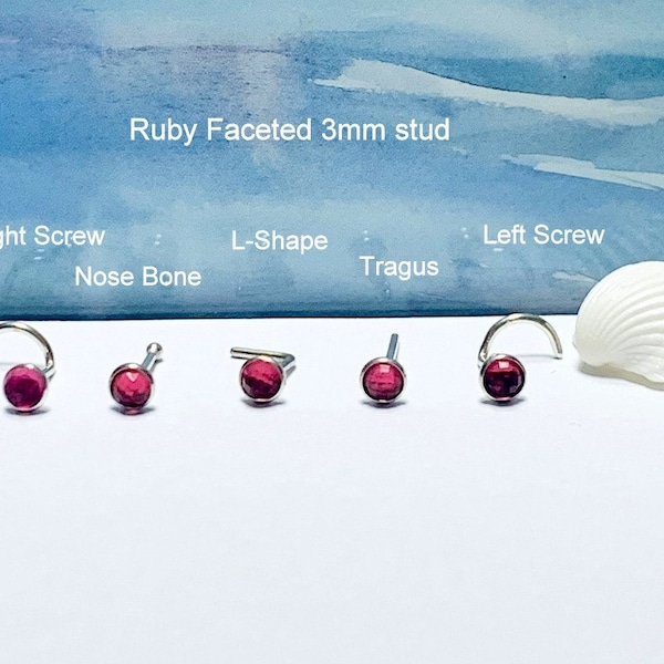 Ruby Faceted 3mm Nose stud,16G 18G 20G 22G ,Nose screw,Nose Bone,Tragus,L-Shaped,925 Silver Stud, Nostril,Sharm Jewelry, July's Birthstone