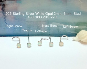 Weißer Opal Sterlingsilber Nasenstecker: 2 mm 3 mm, 16-24 Gauge, Schraube, Knochen, L-Form, Geschenk