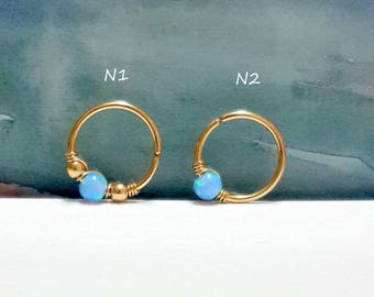 SALE -Azure Opal 3mm septum ring,opal sun and ice  piercing,22g 20g 18g 16g,gold septum ring,nose ring,tiny septum hoop, october birthstone