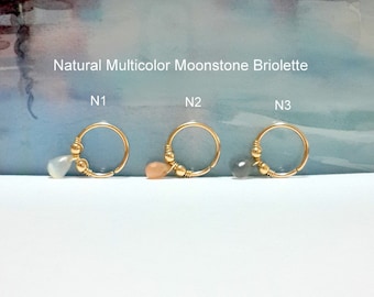 Moonstone Briolette Helix Piercing: Gold Hoop Conch Ring, 16G-22G, Galaxy Jewelry