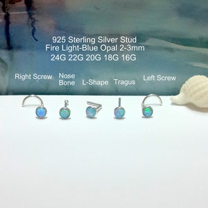 SALE -Light-Blue Opal Nose stud, Nose Screw, Nose Bone, L- Shaped, 925 Sterling Silver Nose Stud, Right and Left Nostril,16G 18G 20G 22G 24G