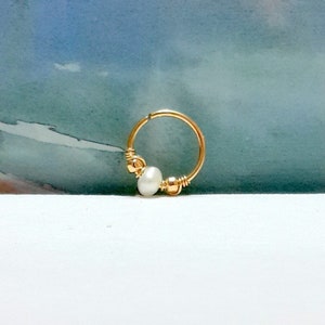 Cyber Sale 14K Solid Yellow Gold White Pearl 2.5-3mm Helix Piercing,Daith ,Nose,Septum,Tragus Hoop,16G 18G 20G 22G 24G,June's Birthstone