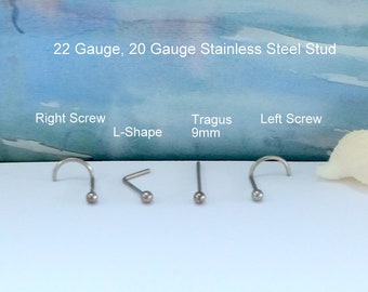 Stainless Steel Ball Stud Piercing: 22-20 Gauge, Nose, Tragus, Lobe,Screw, Hypoallergenic