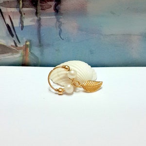 SALE -Gold Leaf White Pearl 3mm Hoop, Helix Piercing, Silver Hoop Earring,Cartilage Earring,16G 18G 20G 22G, June's Birthstone,  Gifts