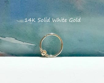 14K Solid White Gold Bead Hoop: Helix, Tragus, Nose Piercing, 22G-16G, Labor Day Sales