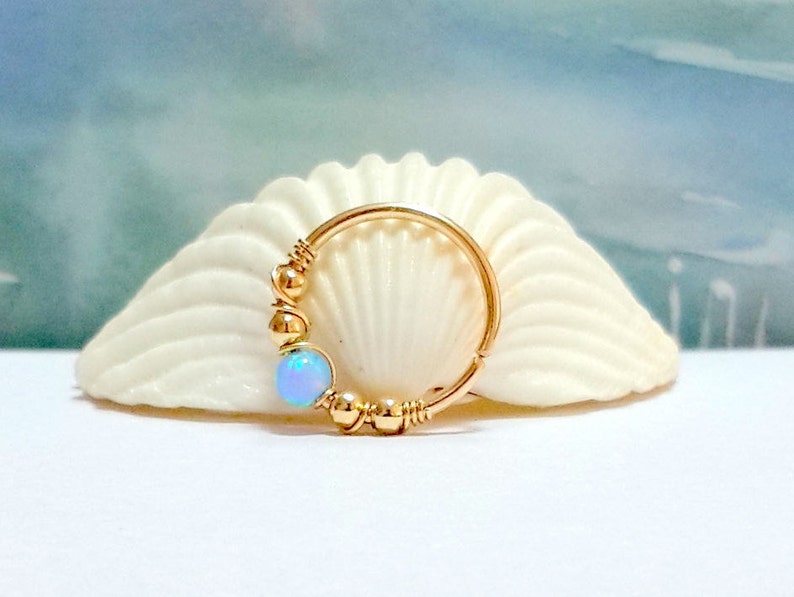 Azure Opal Cartilage Earring-Gold Beaded Helix Hoop-Silver Nose-Helix Jewelry-16G 18G 20G 22G 24G-October's Birthstone-Holiday Gift Shopping image 3