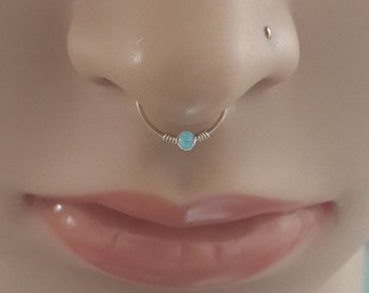 SALE -Azure Opal 2mm septum ring, nose piercing,20 - 22 Gauge, 6 - 10mm inner diameter, gold septum ring, nose hoop,october's birthstone