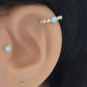 Azure Opal Cartilage Earring-Gold Beaded Helix Hoop-Silver Nose-Helix Jewelry-16G 18G 20G 22G 24G-October's Birthstone-Holiday Gift Shopping image 2