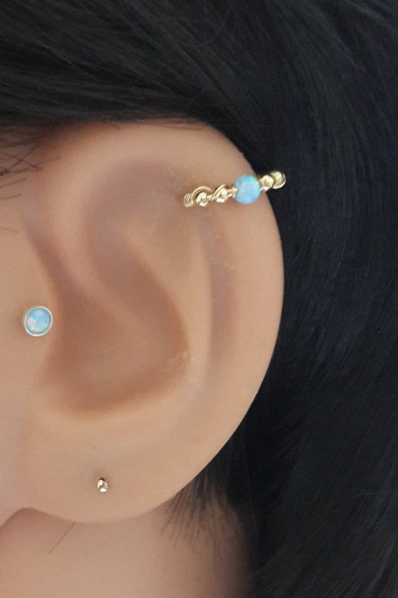 Azure Opal Cartilage Earring-Gold Beaded Helix Hoop-Silver Nose-Helix Jewelry-16G 18G 20G 22G 24G-October's Birthstone-Holiday Gift Shopping image 2