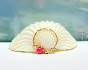 SALE -Pink Rose Opal Cartilage Earring- Gold Beaded Helix Hoop- Silver Cartilage Piercing- Helix Jewelry-16G 18G 20G 22G- October Birthstone