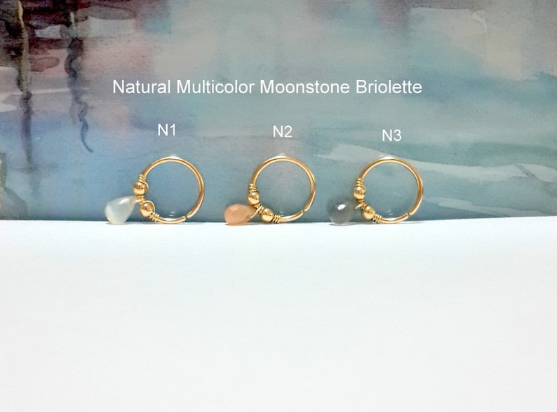 Natural Multicolor Moonstone Briolette Helix Piercing-16G 18G 20G 22G-Gold Tragus Hoop-Nose-Septum-Conch Ring-Holiday Gift-Galaxy Jewelry