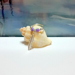 Labor Day Sale-925 Sterling Silver Feather Lavender Opal Helix Hoop,Silver Hoop Earring,Cartilage Ring,16g 18g 20g 22g, October's Birthstone
