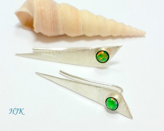 Sage Green Opal Geometric  Ear Climbers , Silver Ear Crawlers, Silver Ear Cuffs, Silver Earrings, Kiwi Opal Earrings, Sorority Gift