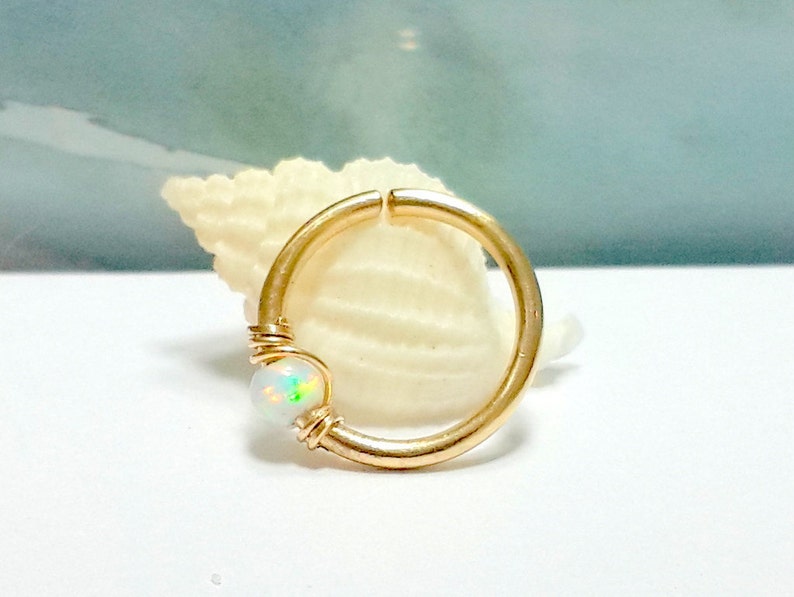 SALE Fire Snow White Opal Cartilage Earring-Gold Helix Hoop-Top Ear Piercing-Tragus, Nose Jewelry-16g 18g 20g 22g 24g-October's Birthstone white opal/GFilled