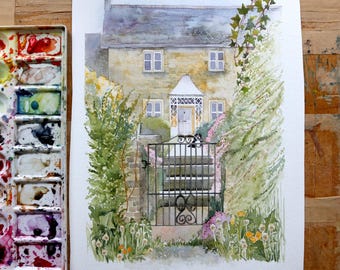 Original Watercolour Stone Cottage Painting