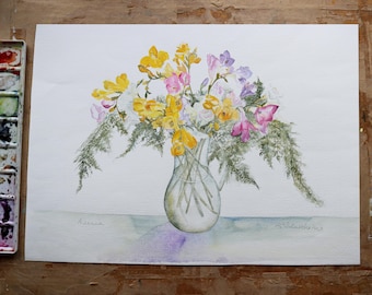 Original Watercolour Painting Freesia in Glass jug