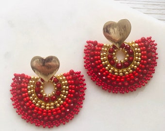 SUMMER party festival - beaded hoop earrings - facet and seedbeads on hoop - red and gold