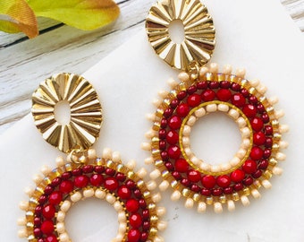 SUMMER party festival - beaded hoop earrings - facet and seedbeads on hoop - Red gold