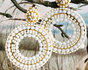 EARCLIPS bridal party festival - beaded hoop earrings - facet and seedbeads on hoop - white
