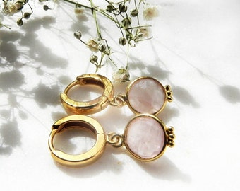 Tiny Golden Rose Quartz Hoops, Gold Plated Sterling Earrings Pink Gemstone Charm, Huggies with Quartz, Summer Earrings, Gold Plated Huggies