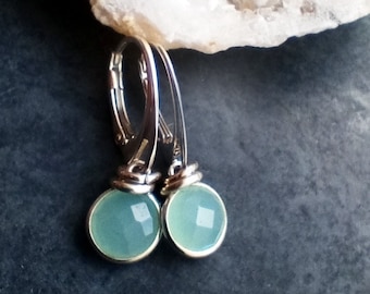 Aqua Chalcedony Lever Back Earrings, Sterling Dangle Earrings with Chalcedony in Greenish-Blue Colour, Solid Silver Earrings with Crystal