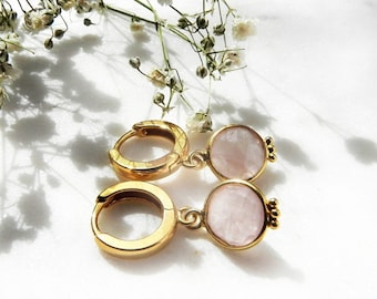 Pink Stone Golden Hoops, Rose Quartz Secure Huggie Earrings, Bridesmaids Jewelry, Love Crystal Earring, Natural Stone Hoops Rose, Gift Girl