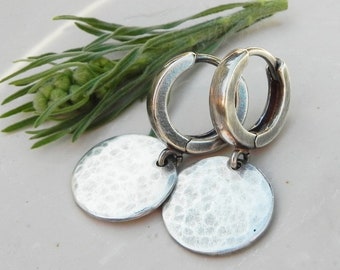 Minimal Huggie Earrings Silver, Chic Sterling Silver Disc Earrings, Hammered Disc Earrings, Small Artisan Textured Hoops, 12mm Disc, Hugger