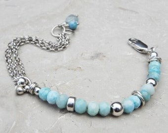 Larimar Jewelry Silver, Dainty Larimar Bracelet Sterling, Light Blue Gemstone Bracelet Women, Gifts for Her, Unique Beaded Bracelet, Chain