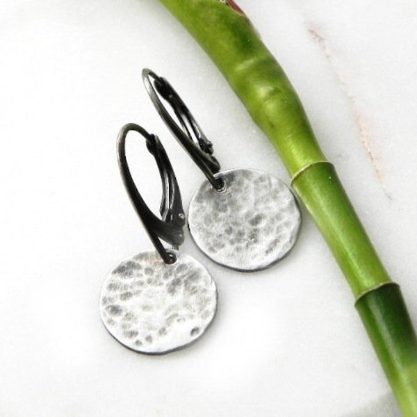 Sterling Silver Disc Earrings, Oxidized / Shiny Leverback Earrings with Hammered Circles, Handmade Eco Sterling Jewelry, Minimal Earrings