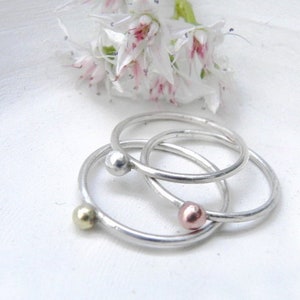 Minimal Silver Rings with Drop, Dainty Silver Ring Organic Ball, Slim Stacking Rings - Shiny or Oxidized Sterling w. Brass/Silver/Copper