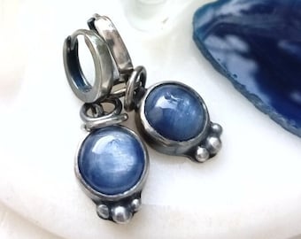 Blue Kyanite Huggie Earrings, Kyanite Ball Sterling Silver Dangle Earrings, Modern Kyanite Earrings, Denim Earrings, Kyanite Circle Earrings