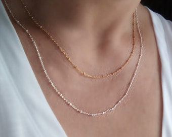 Golden Satellite Chain Necklac, Gold Plated Sterling Silver Choker, Shiny Silver Spheres Chain, Oxidized Silver Dainty Chain Chokers, Layer