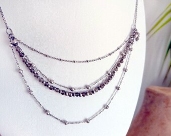 Dainty Smoky Quartz Necklace in Oxidized Sterling Silver / Thin Layered Multi Chain Necklace Natural Stone / Layering Raw Silver Jewelry