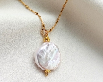 Single Large Pearl Necklace in Gold Plated Sterling SIlver, Chunky Pearl Pendant with Satellite Chain, Big Baroque Pearl Necklace Silver