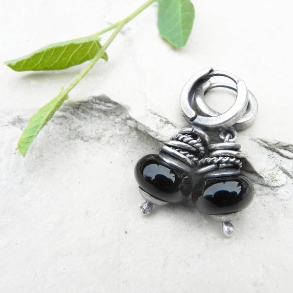 Black Onyx Earrings, Onyx Sterling Hoops, Black gemstone Dangle Earrings, Huggie Earrings with Gemstone Earrings, Oxidized Silver Earrings