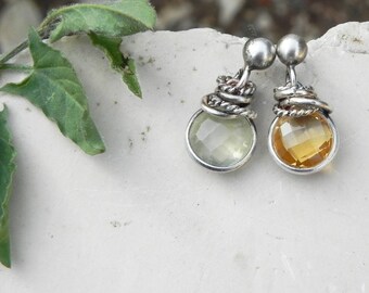 Tiny Gemmy Earrings, Citrine Silver Earrings, Prehnite Gemstone Studs, Modern Jewelry, Small Rustic Post Earrings, Short Bridesmaid Earrings