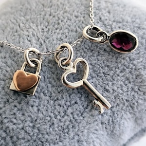 Love Lock Heart Padlock Necklace with Garnet Charm, Gift Girlfriend, Anniversary Gift for Her, Heart Key Choker Silver 925, Bday Gift Woman