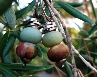 Rustic Silver Amazonite Earrings, Matte Gemstone Earrings, Aqua Gemstone Hoops, Oxidized Silver Stone, Raw Gemstone Earrings, Grey, Brown