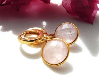 Golden Rose Quartz Hoops, Gold Plated Sterling Earrings Pink Gemstone Charm, Huggies with Quartz, Summer Earrings, Gold Plated Huggies