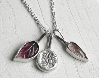 Tiny Tourmaline Leaf Charm Pendants in Sterling Silver, Rustic Silver Leaves Necklace, Floral Jewelry Tourmaline, Leaf Necklace Silver 925