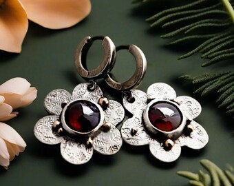 Flower Earrings with Red Garnet & 14K Golden Drops, Gift for Wife, Anniversary Gift for Her, Valentine's day Present Woman, January Birthday