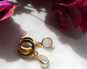 Dainty Golden Hoops with Rose Quartz Charm, Gift Girlfriend, Present for Her, Bridesmaid Jewelry, Huggies Pink Quartz, Gold Silver Quartz