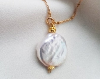 Single Large Pearl Necklace in Gold Plated Sterling SIlver, Chunky Pearl Pendant with Satellite Chain, Big Baroque Pearl Necklace Silver