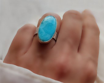 Larimar Ring in Sterling & Fine Silver, Light Blue Stone Ring, Unique Genuine Larimar Ring Textured Shank, Pastel Blue Stone Ring, Modern