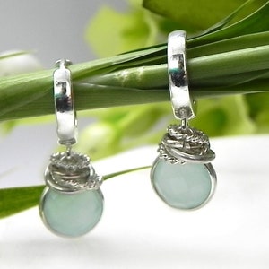 Dainty Aqua Chalcedony Earrings, Hoops with Blue Chalcedony, Bridal Earrings Pastel Blue, Prom Earring Light Blue, Alternative Wedding Huggy