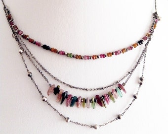 Dainty Pink Tourmaline Necklace / Thin Multi Chain Necklace Watermelon Tourmaline / Silver Raw Tourmaline Sticks / Gemstone Layered Chain